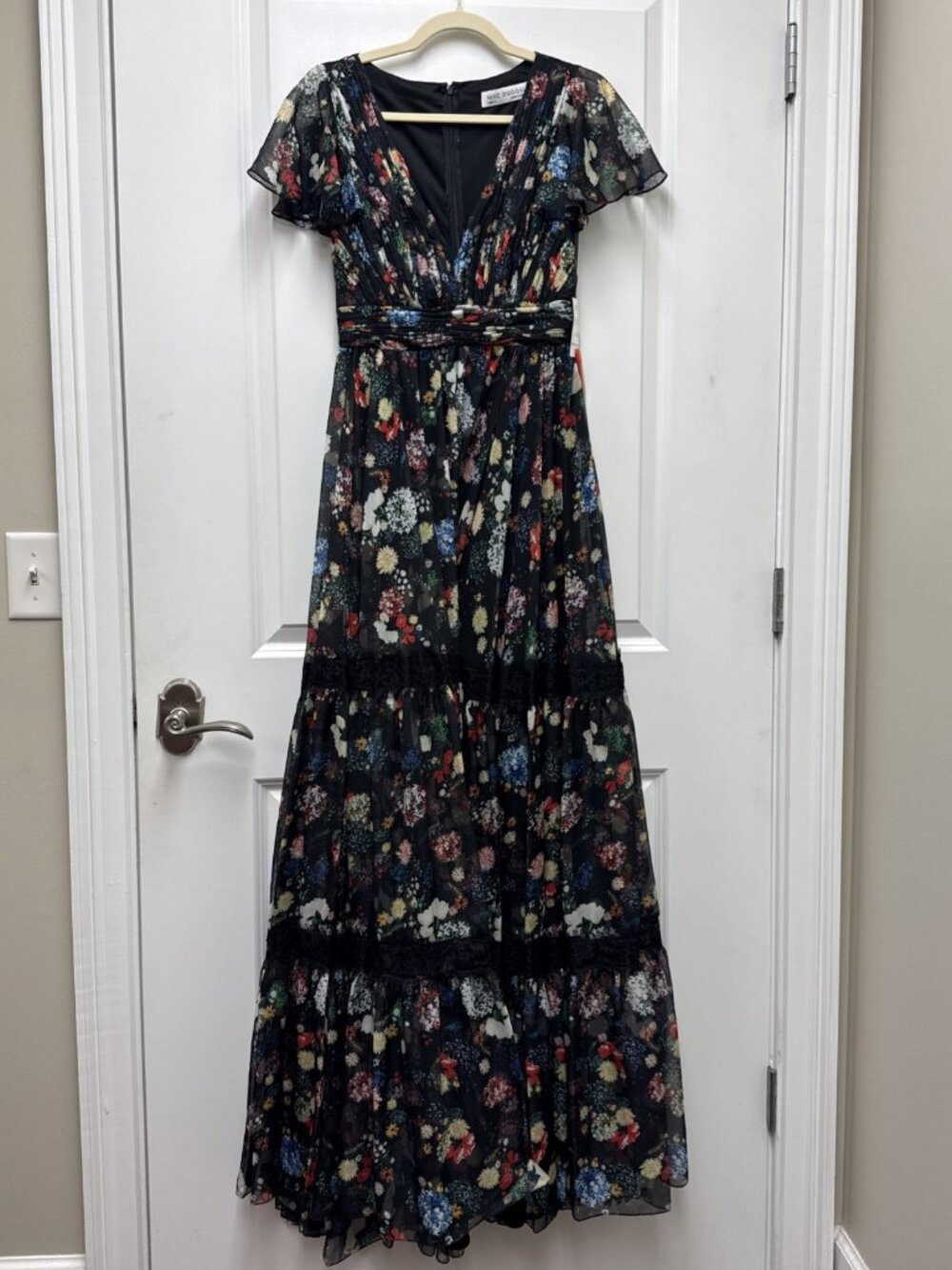 Mac Duggal Size 2 Black 67934 Floral Wrap Maxi Dress Butterly Sleeve Tiered NWT - Picture 5 of 15
